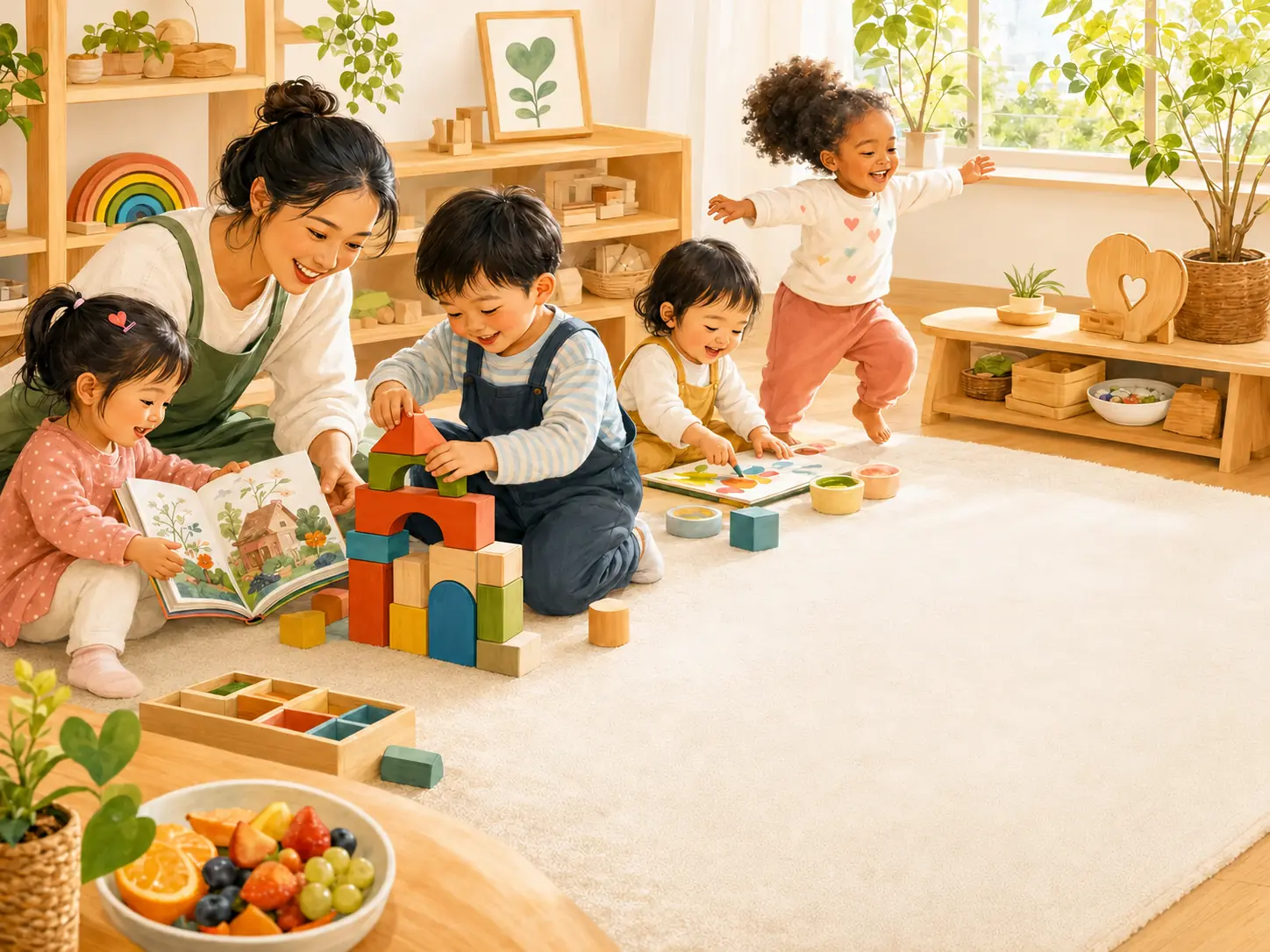 A warm home daycare where joyful young children read, build, paint, move, and grow with a caring teacher